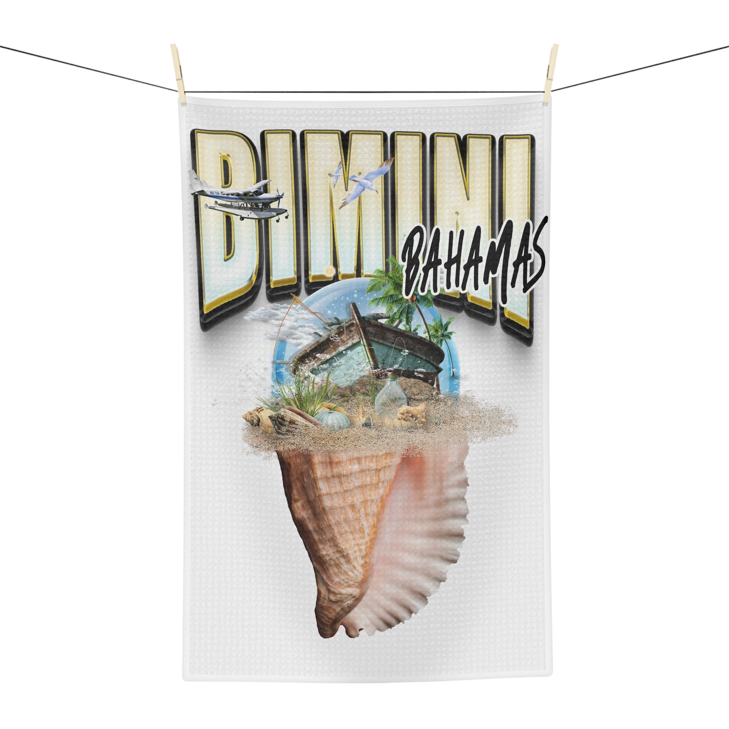 Bahamas Shell Postcard Tea Towel — Vintage Bimini Beach Souvenir