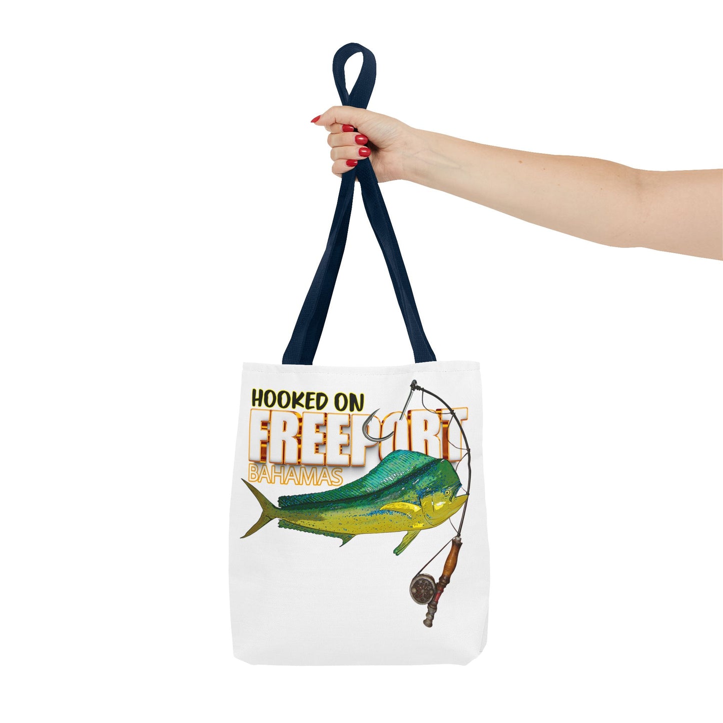 Mahi Mahi Fishing Tote — "Hooked on Free Spirit" All-Over Print Beach Tote