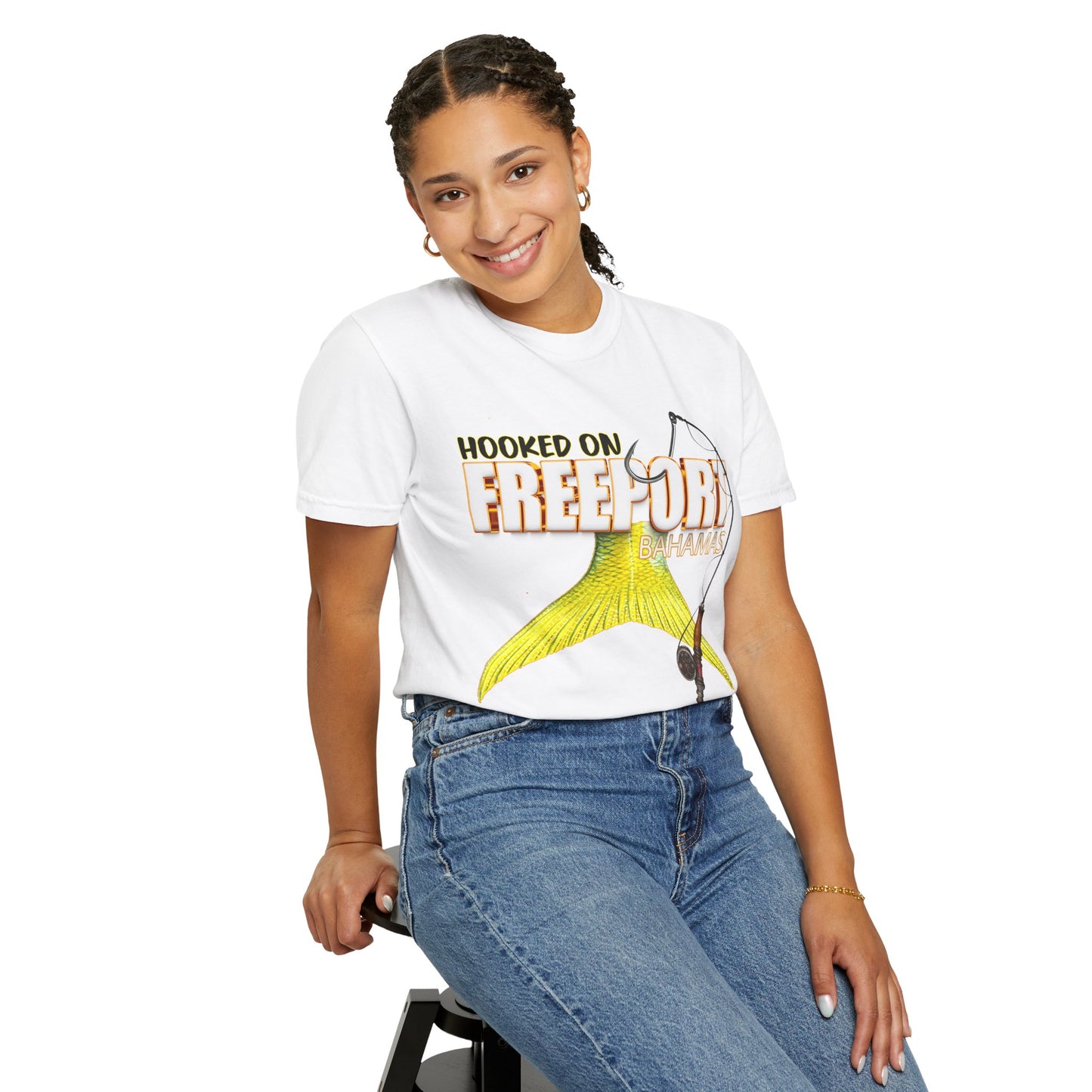 Hooked on Freeport Tail Fishing T-Shirt | Yellow Fish Tail, Fishing Rod Graphic