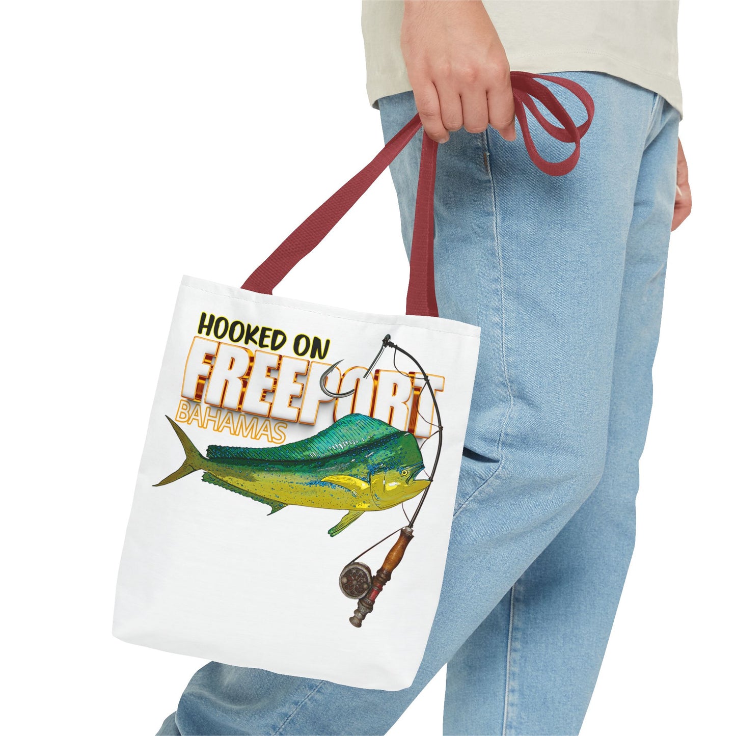 Mahi Mahi Fishing Tote — "Hooked on Free Spirit" All-Over Print Beach Tote
