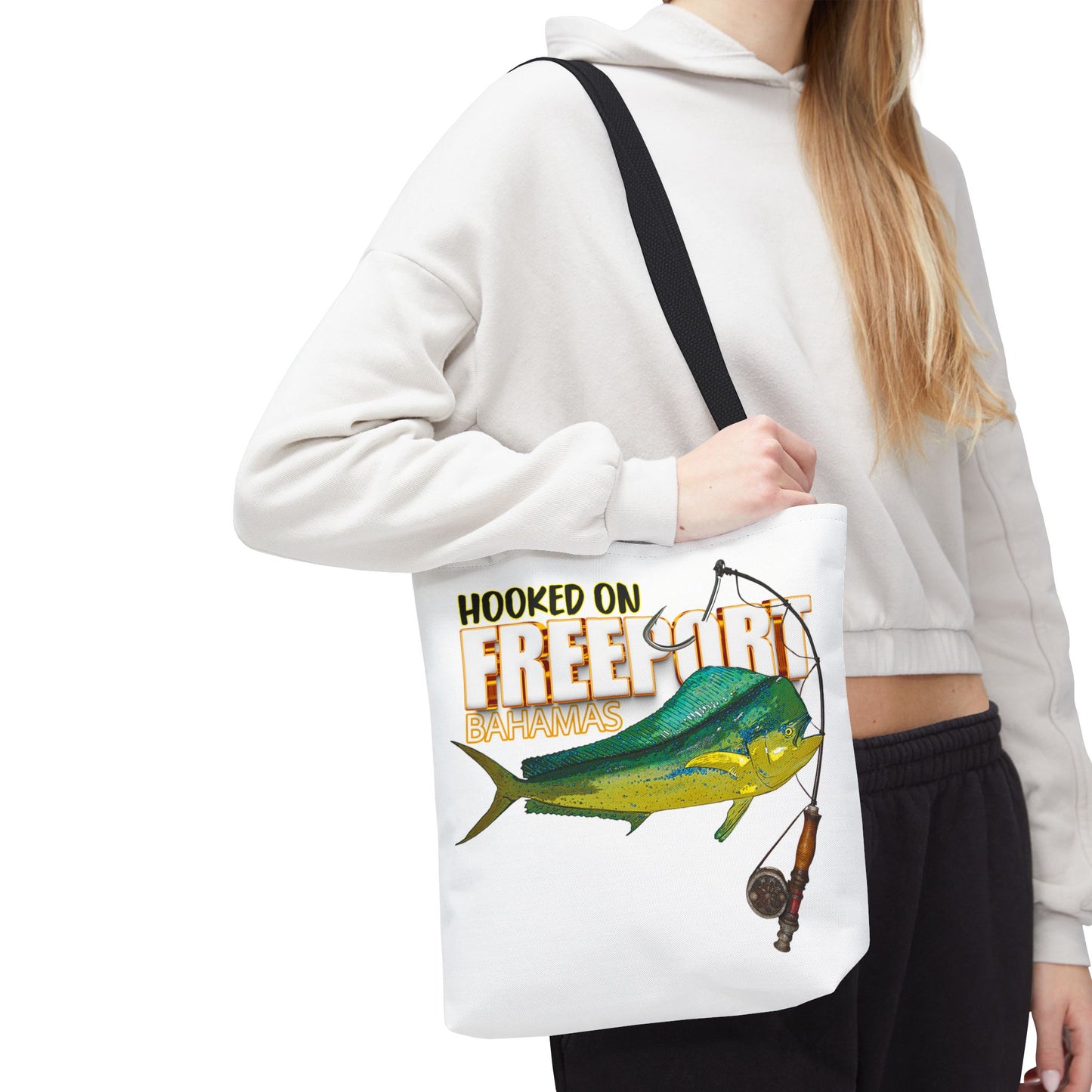 Mahi Mahi Fishing Tote — "Hooked on Free Spirit" All-Over Print Beach Tote