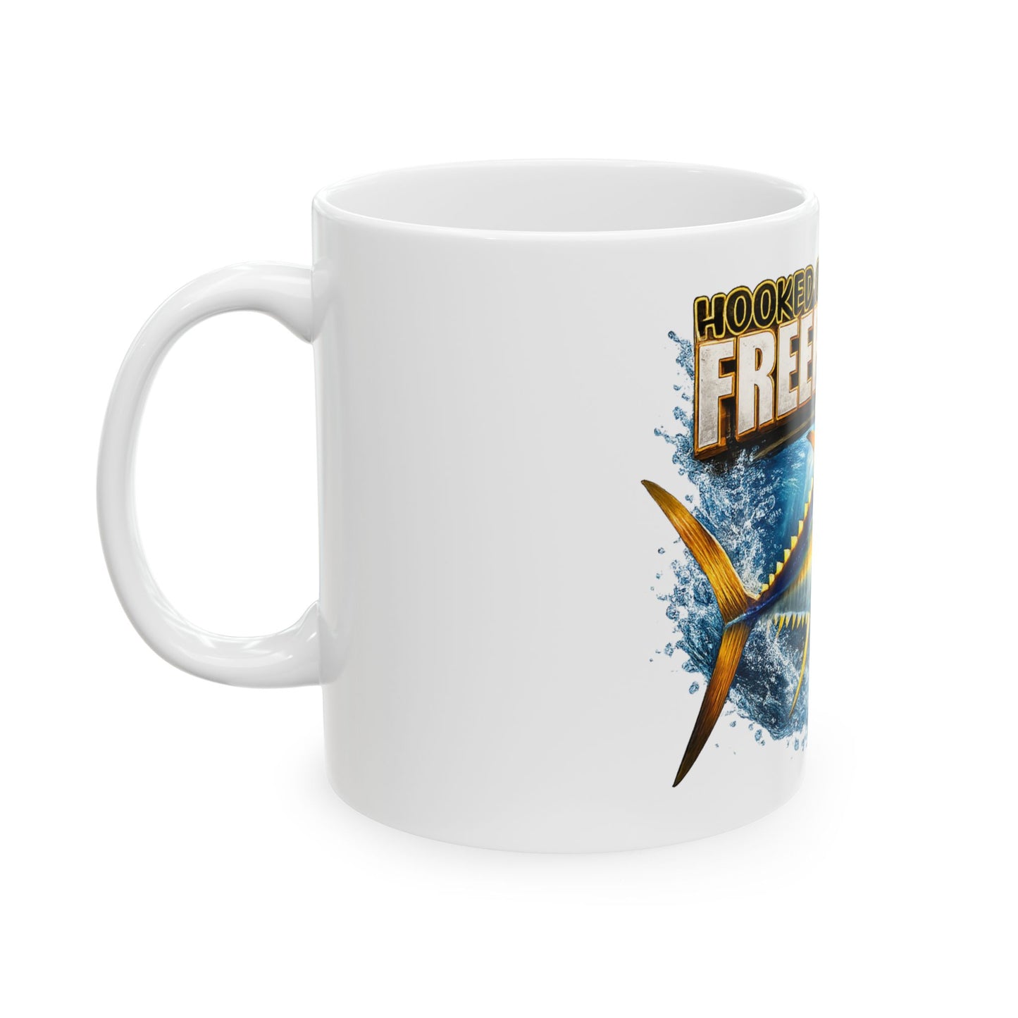 Fishing Mug — "Hooked on Freeport" Tuna Design Ceramic Coffee Cup (11oz/15oz)