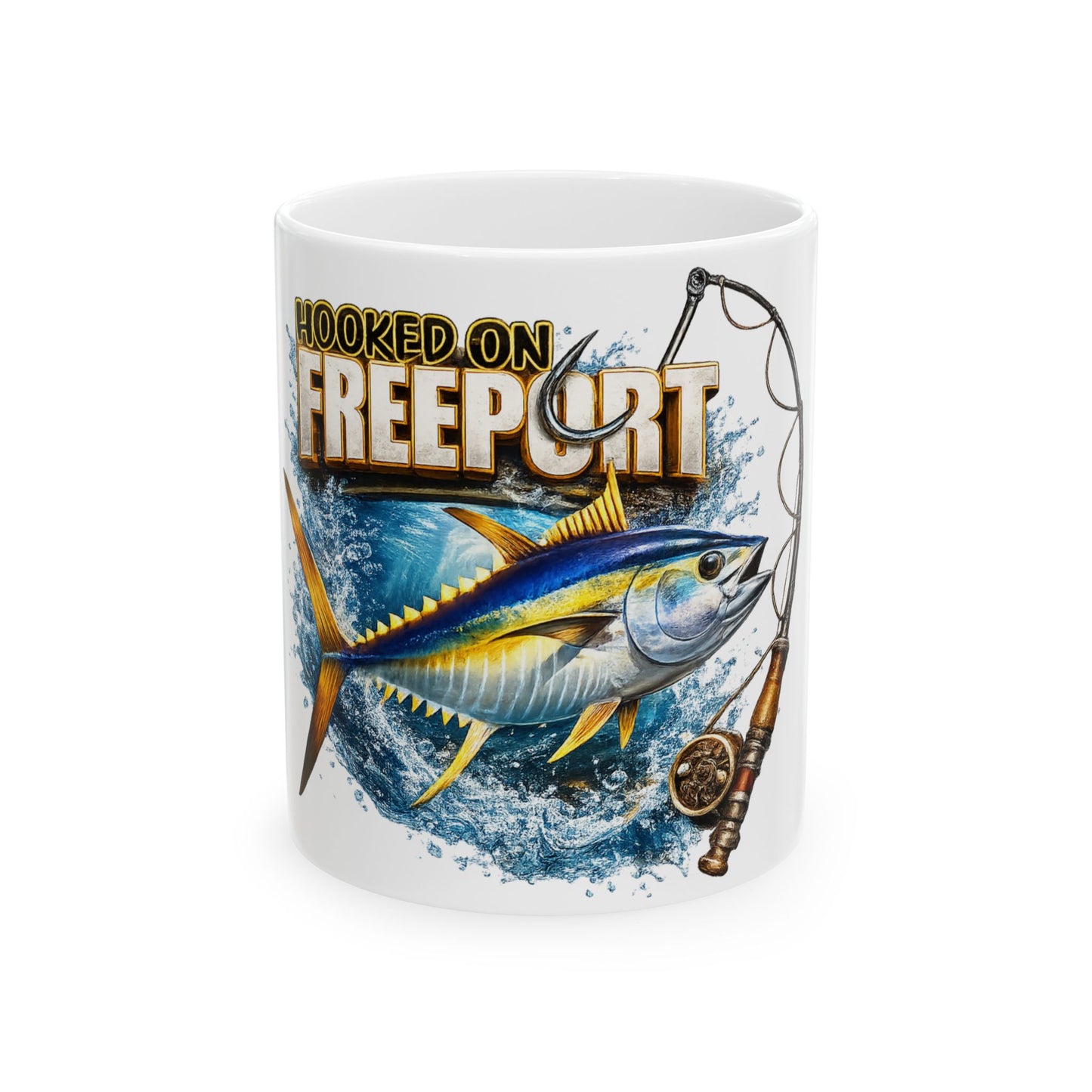 Fishing Mug — "Hooked on Freeport" Tuna Design Ceramic Coffee Cup (11oz/15oz)
