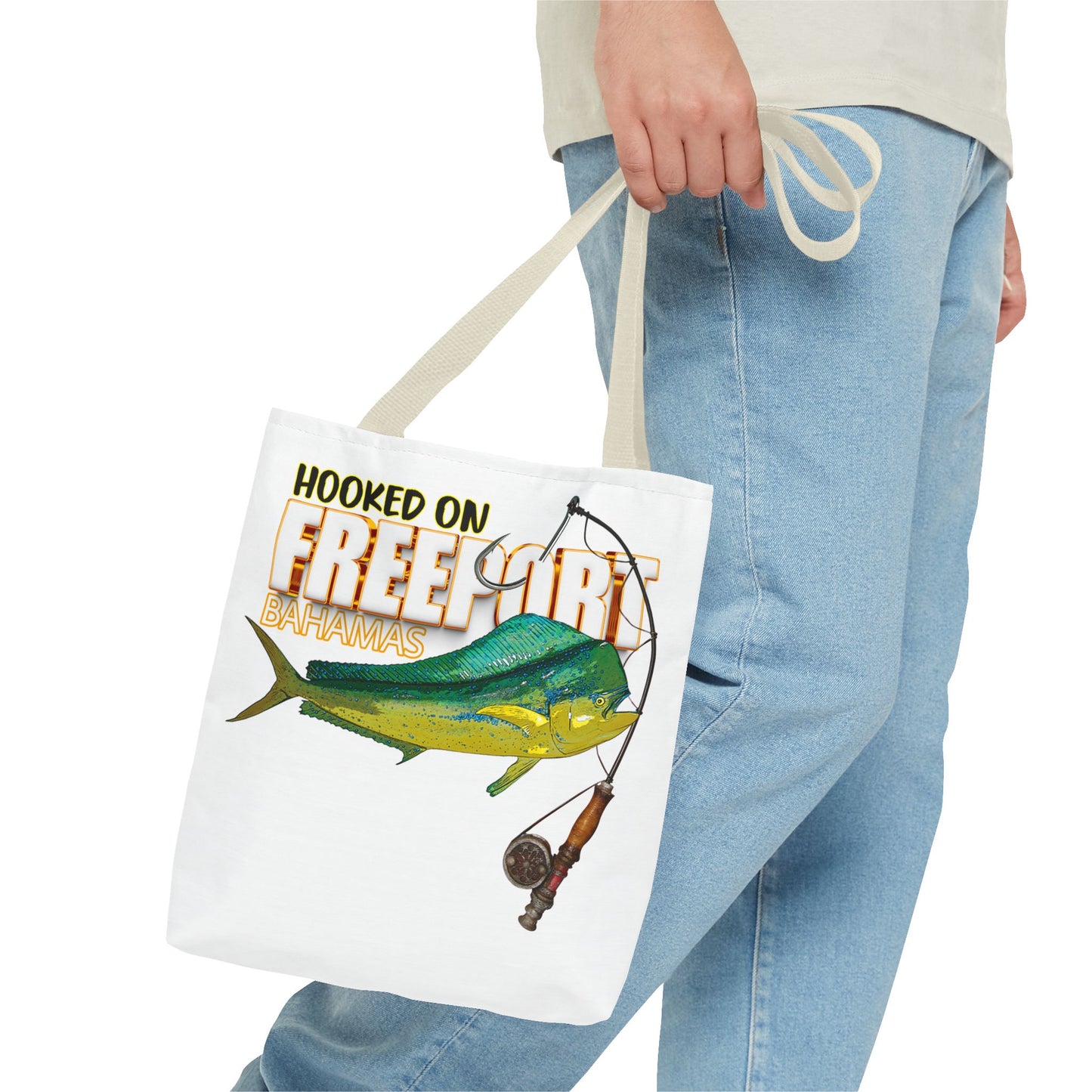 Mahi Mahi Fishing Tote — "Hooked on Free Spirit" All-Over Print Beach Tote