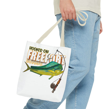 Mahi Mahi Fishing Tote — "Hooked on Free Spirit" All-Over Print Beach Tote