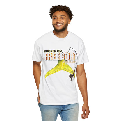 Hooked on Freeport Tail Fishing T-Shirt | Yellow Fish Tail, Fishing Rod Graphic