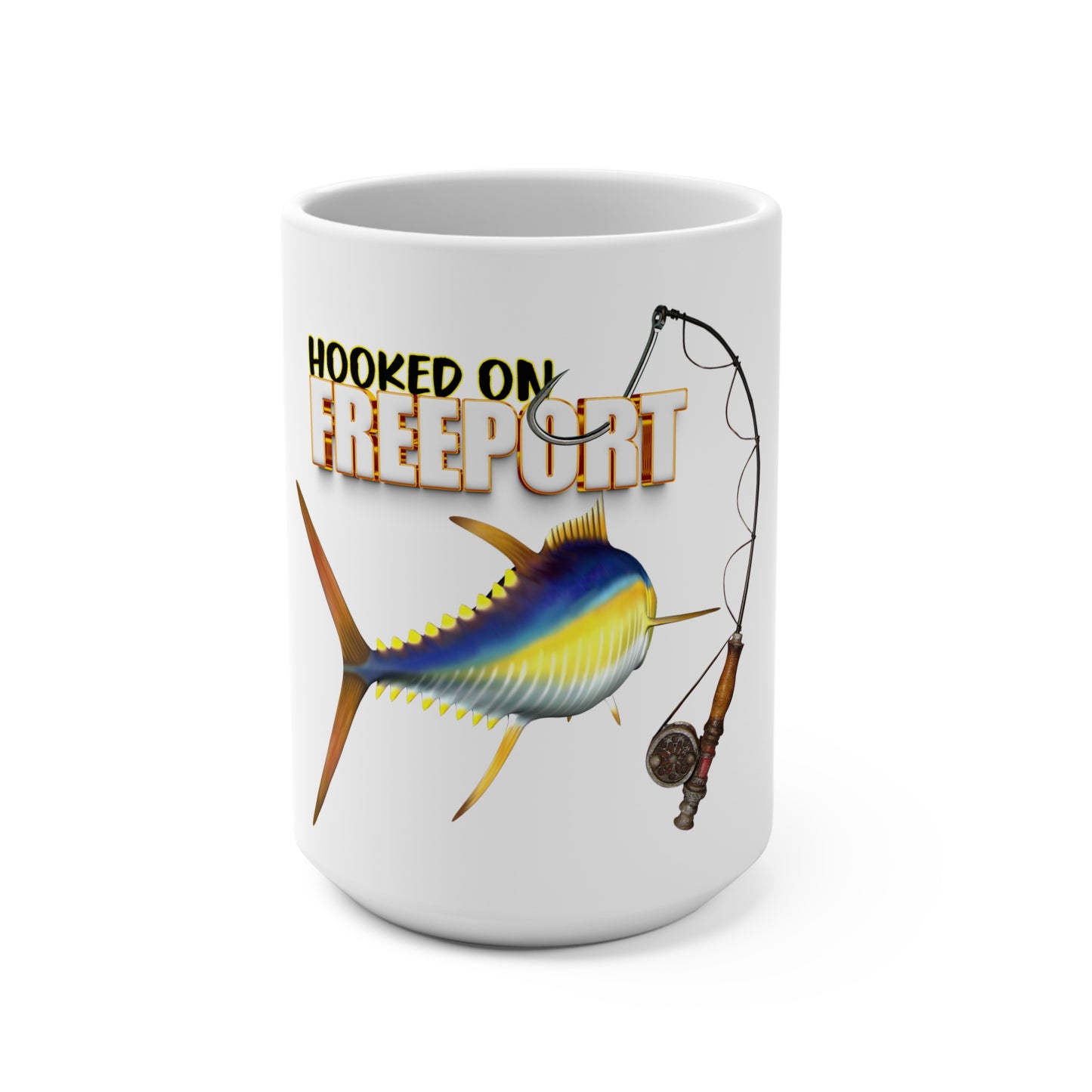 Hooked on Freeport Mahi Mahi Mug | Fishing Rod Graphic 15oz