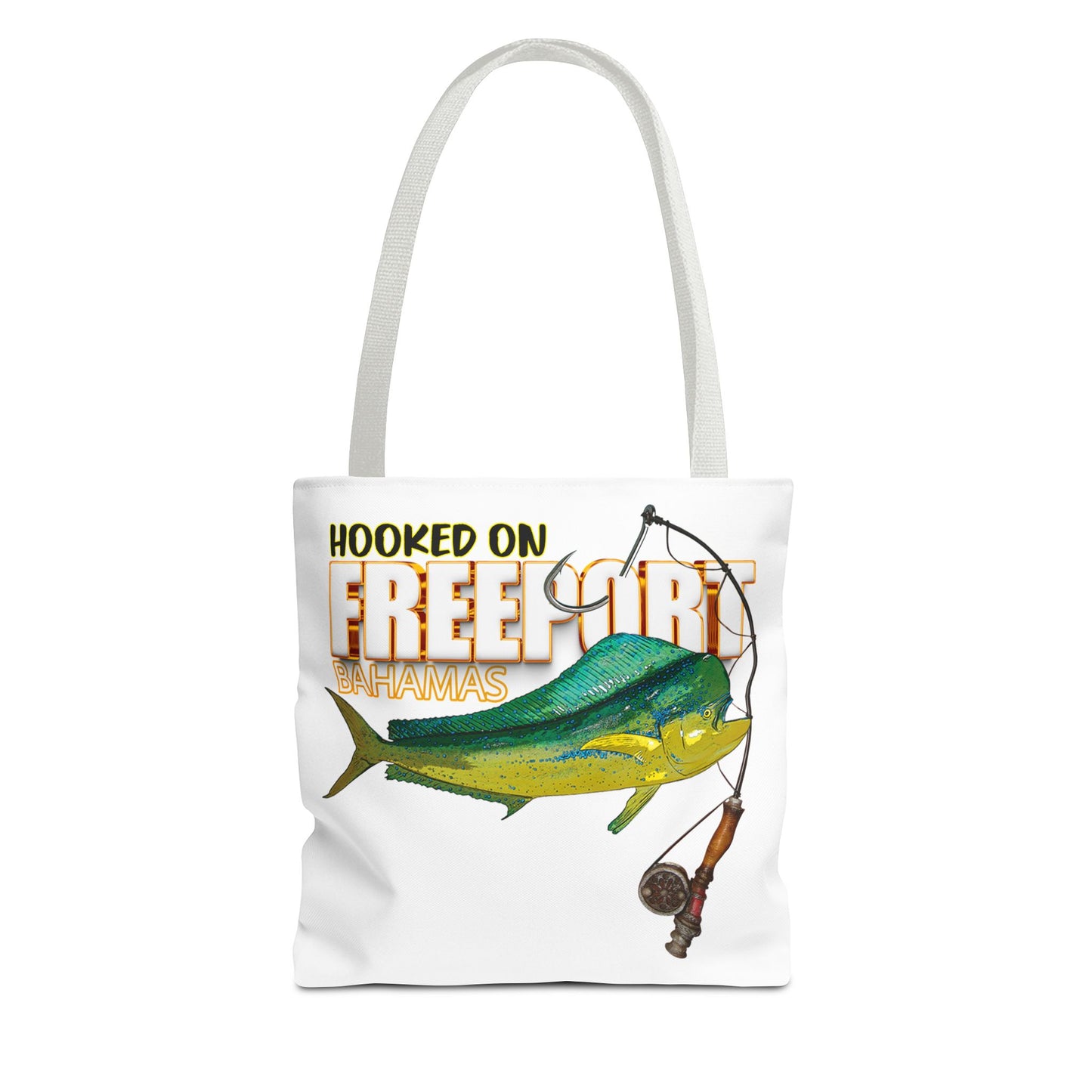 Mahi Mahi Fishing Tote — "Hooked on Free Spirit" All-Over Print Beach Tote