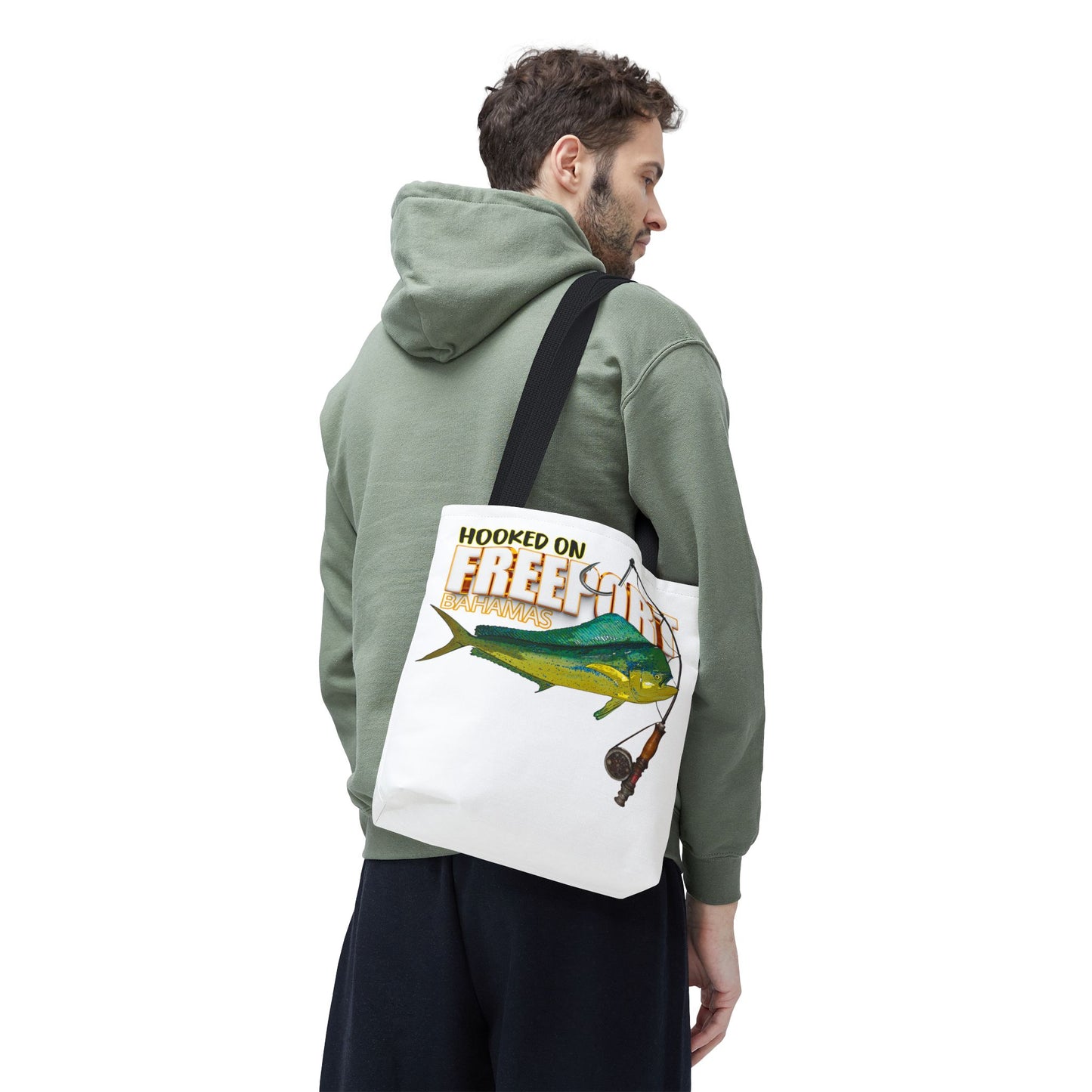 Mahi Mahi Fishing Tote — "Hooked on Free Spirit" All-Over Print Beach Tote