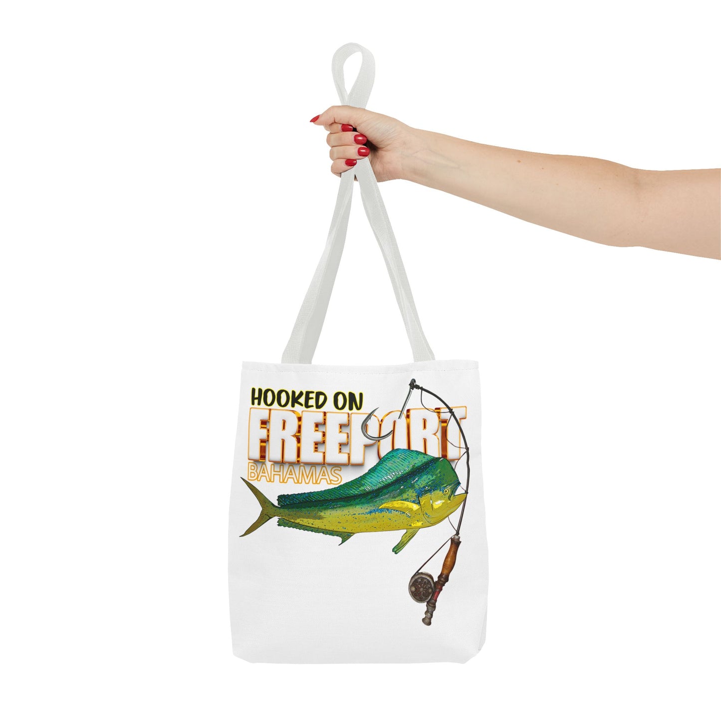 Mahi Mahi Fishing Tote — "Hooked on Free Spirit" All-Over Print Beach Tote