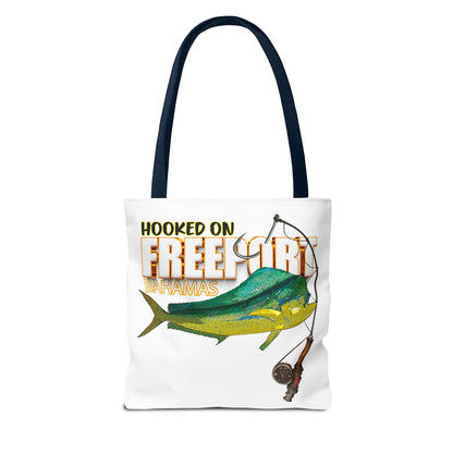 Mahi Mahi Fishing Tote — "Hooked on Free Spirit" All-Over Print Beach Tote