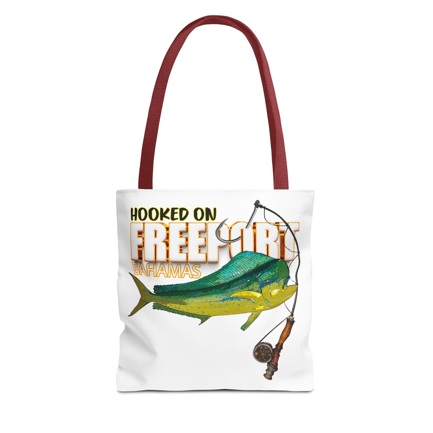 Mahi Mahi Fishing Tote — "Hooked on Free Spirit" All-Over Print Beach Tote