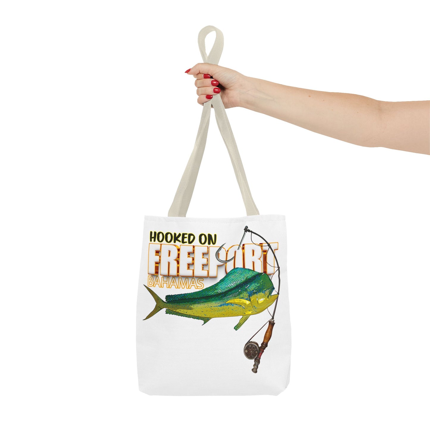 Mahi Mahi Fishing Tote — "Hooked on Free Spirit" All-Over Print Beach Tote
