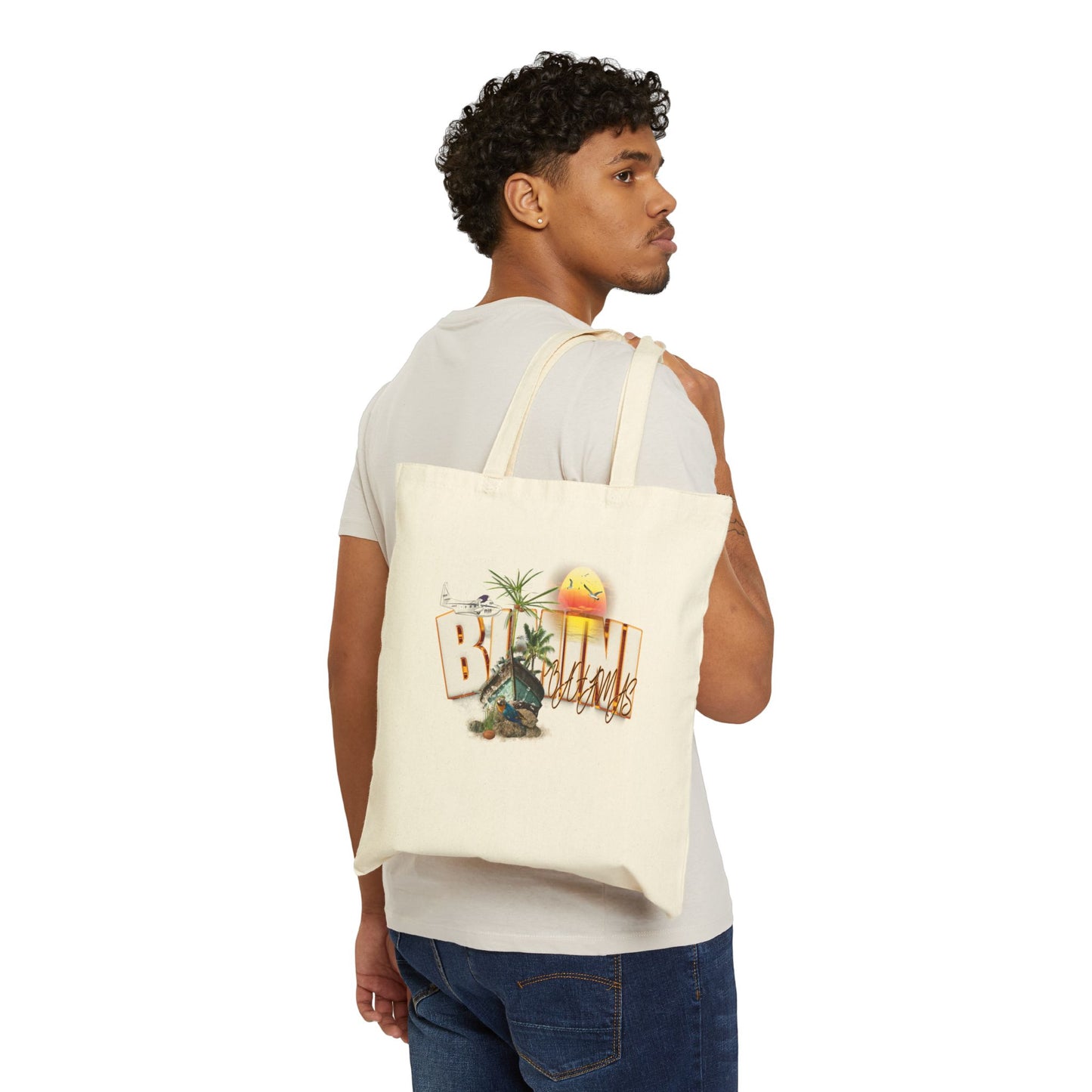 Beachy Canvas Tote Bag — "Beach Vibes" Palm Tree Sunset Tote
