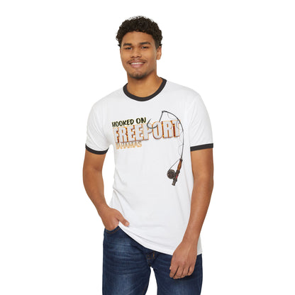 Hooked on Freeport Fishing T-Shirt | Fishing Rod Graphic Ringer Tee