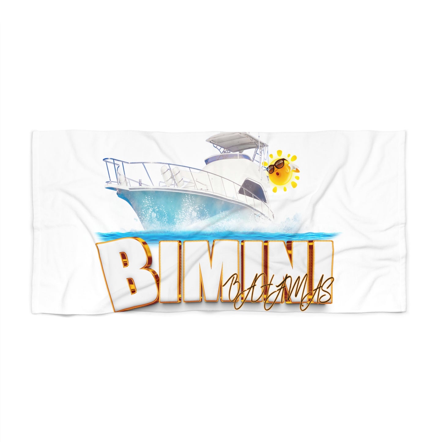 Bimini Boat Illustration Beach Towel | Tropical Sun & Yacht Design