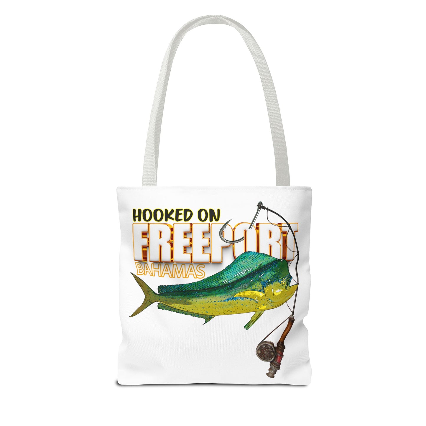 Mahi Mahi Fishing Tote — "Hooked on Free Spirit" All-Over Print Beach Tote