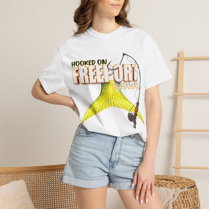 Hooked on Freeport Tail Fishing T-Shirt | Yellow Fish Tail, Fishing Rod Graphic