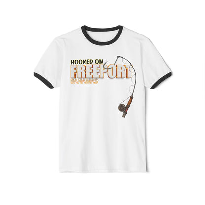 Hooked on Freeport Fishing T-Shirt | Fishing Rod Graphic Ringer Tee