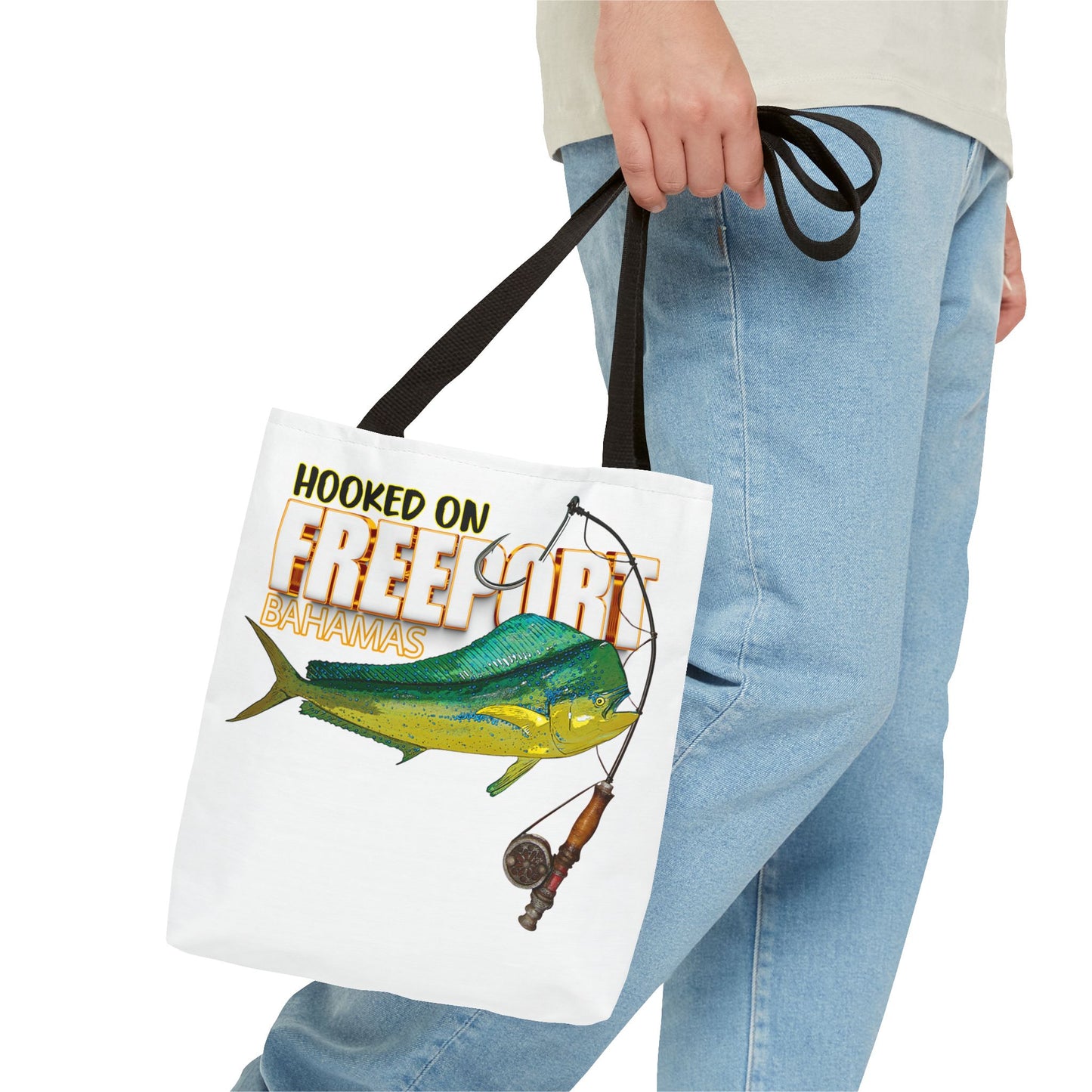 Mahi Mahi Fishing Tote — "Hooked on Free Spirit" All-Over Print Beach Tote