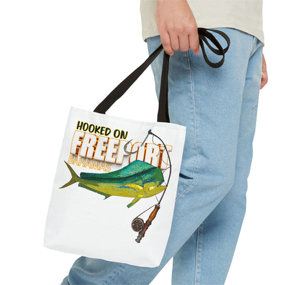 Mahi Mahi Fishing Tote — "Hooked on Free Spirit" All-Over Print Beach Tote