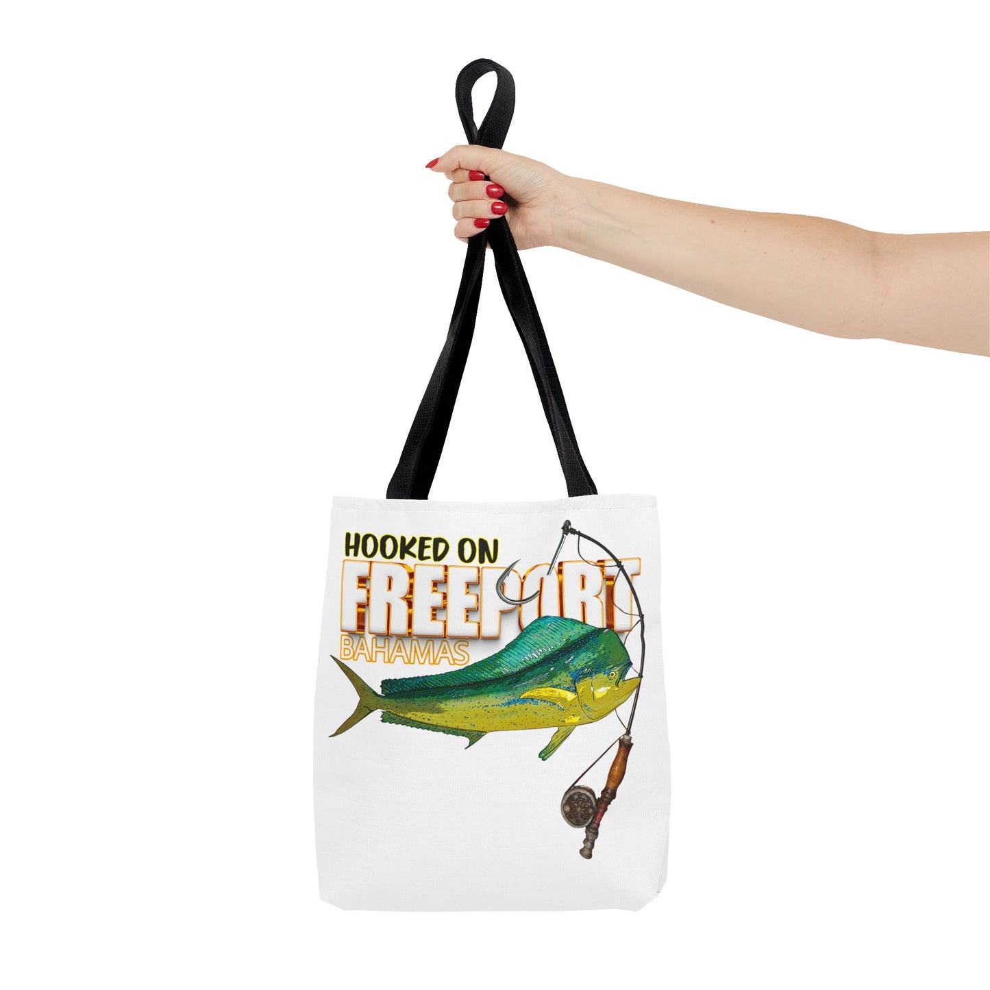 Mahi Mahi Fishing Tote — "Hooked on Free Spirit" All-Over Print Beach Tote
