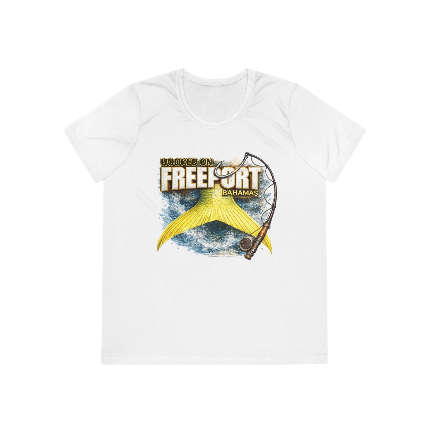 Freeport Bahamas Ladies Tee – Yellow Marlin Fishing Graphic Shirt
