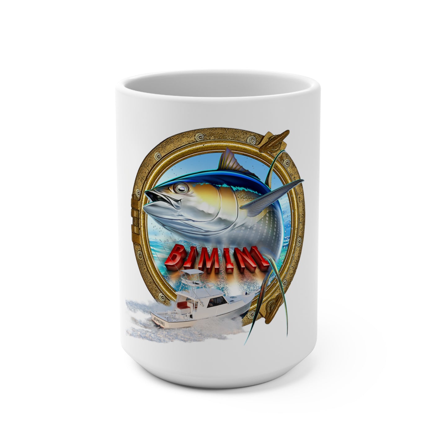 Yellowfin Tuna Porthole Illustration Mug | Fishing Boat Ocean Graphic 15oz
