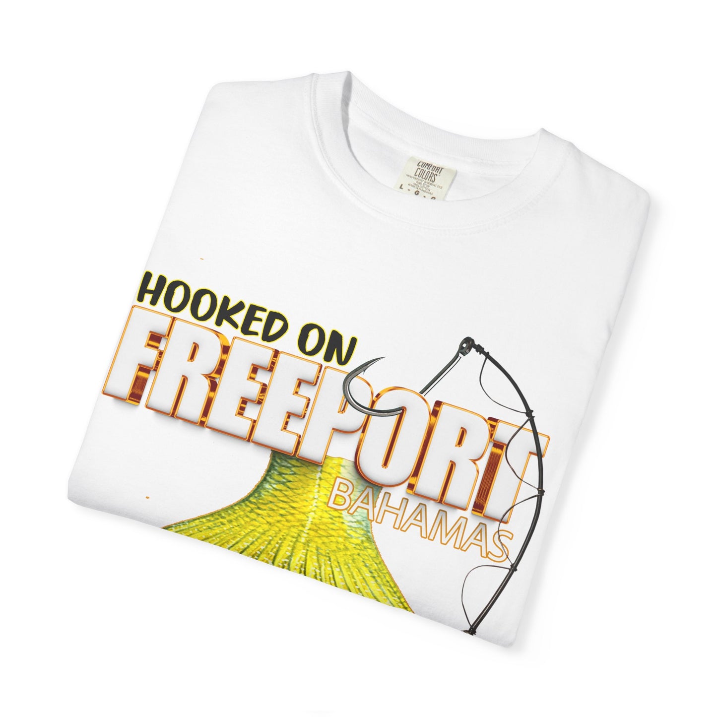 Hooked on Freeport Tail Fishing T-Shirt | Yellow Fish Tail, Fishing Rod Graphic