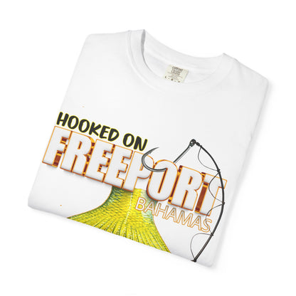 Hooked on Freeport Tail Fishing T-Shirt | Yellow Fish Tail, Fishing Rod Graphic