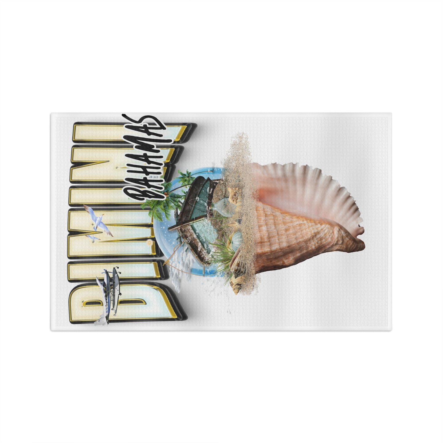 Bahamas Shell Postcard Tea Towel — Vintage Bimini Beach Souvenir