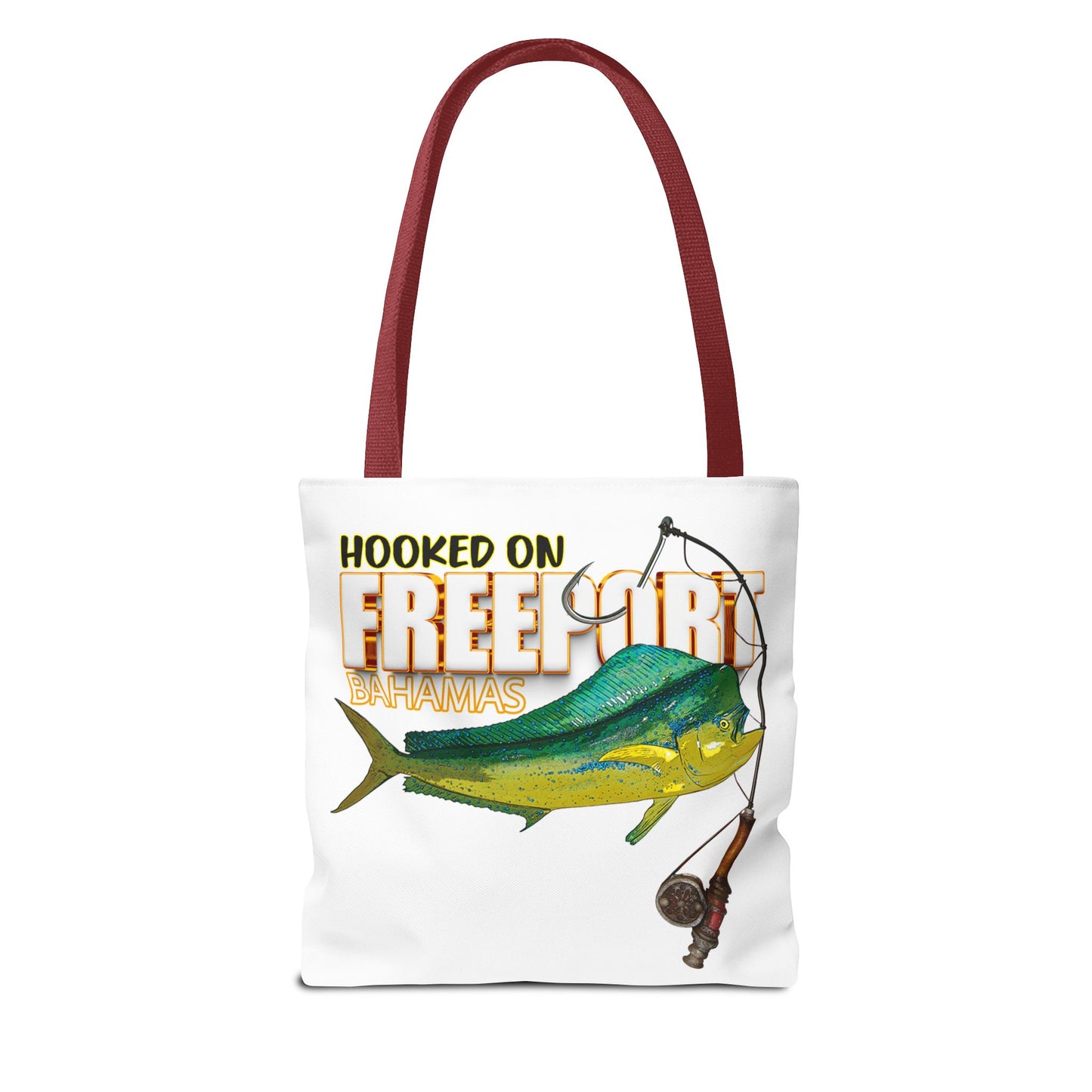 Mahi Mahi Fishing Tote — "Hooked on Free Spirit" All-Over Print Beach Tote