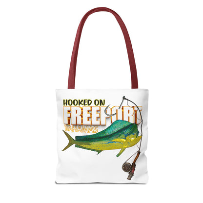 Mahi Mahi Fishing Tote — "Hooked on Free Spirit" All-Over Print Beach Tote