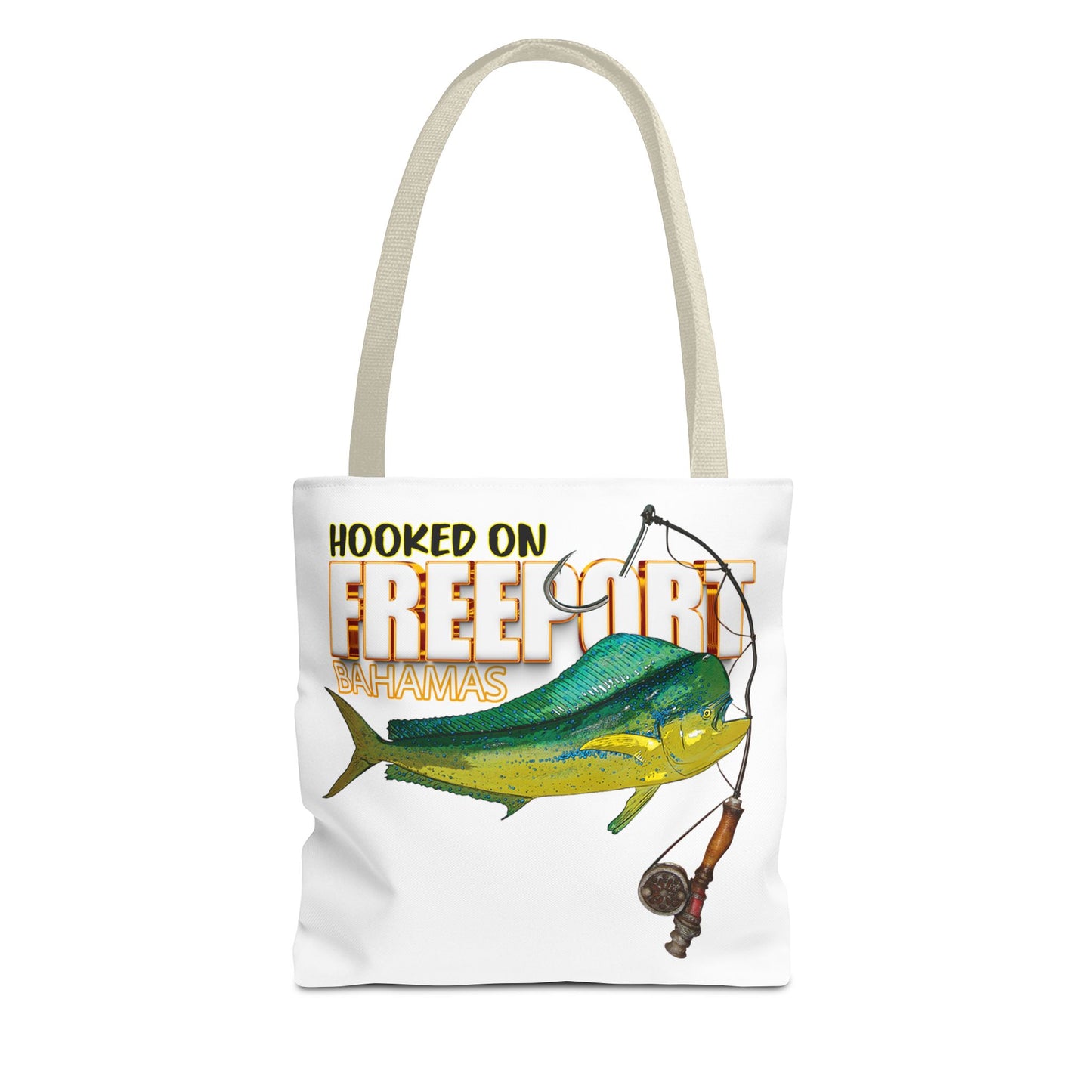 Mahi Mahi Fishing Tote — "Hooked on Free Spirit" All-Over Print Beach Tote