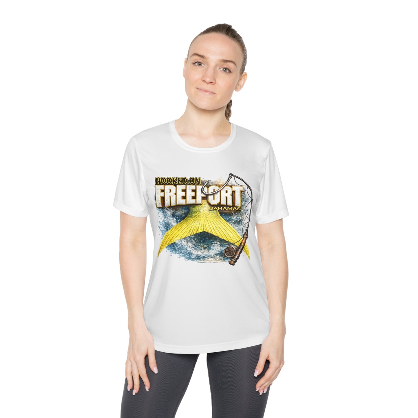Freeport Bahamas Ladies Tee – Yellow Marlin Fishing Graphic Shirt