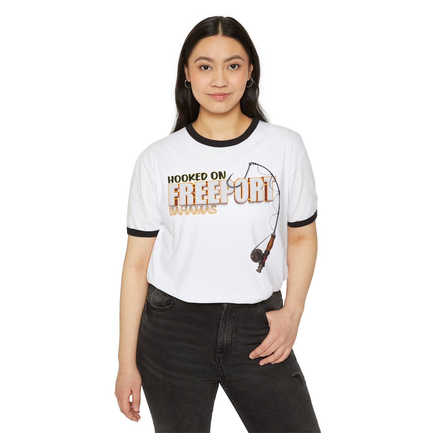 Hooked on Freeport Fishing T-Shirt | Fishing Rod Graphic Ringer Tee