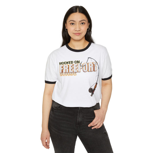 Hooked on Freeport Fishing T-Shirt | Fishing Rod Graphic Ringer Tee