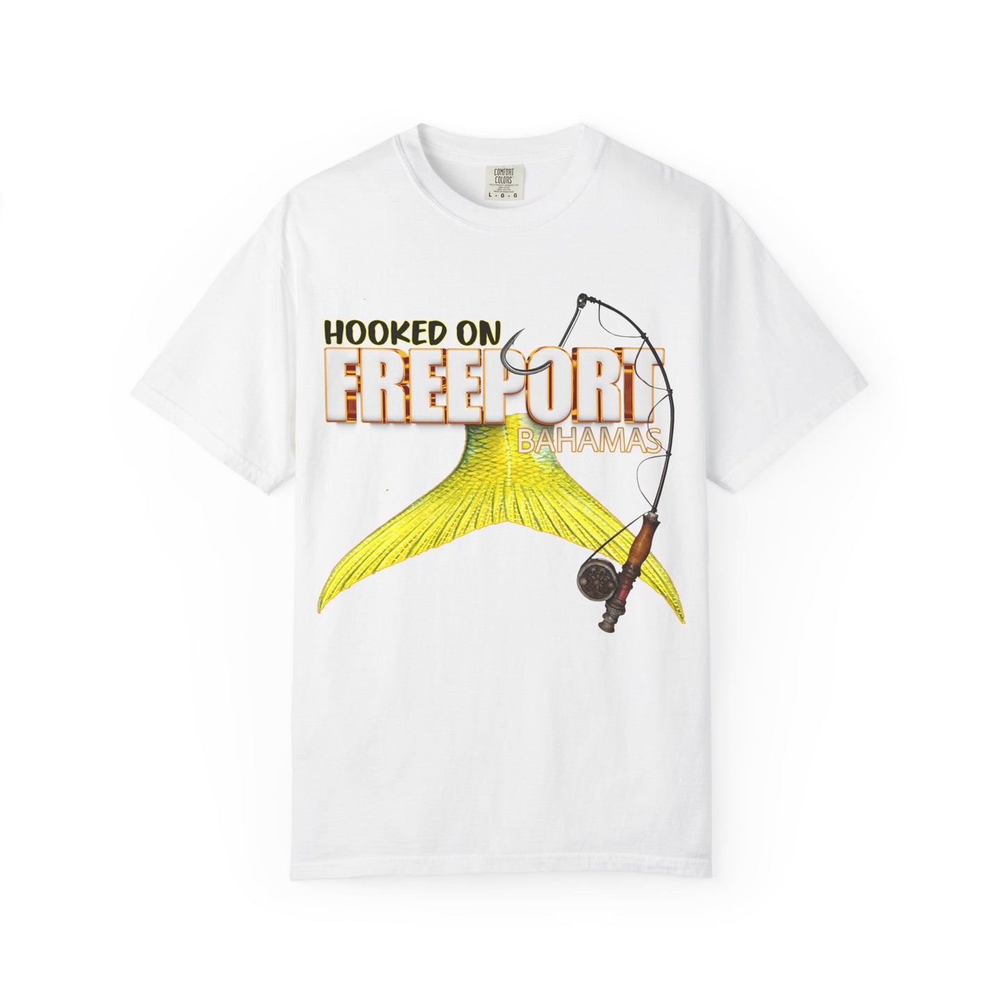 Hooked on Freeport Tail Fishing T-Shirt | Yellow Fish Tail, Fishing Rod Graphic