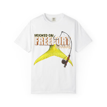 Hooked on Freeport Tail Fishing T-Shirt | Yellow Fish Tail, Fishing Rod Graphic