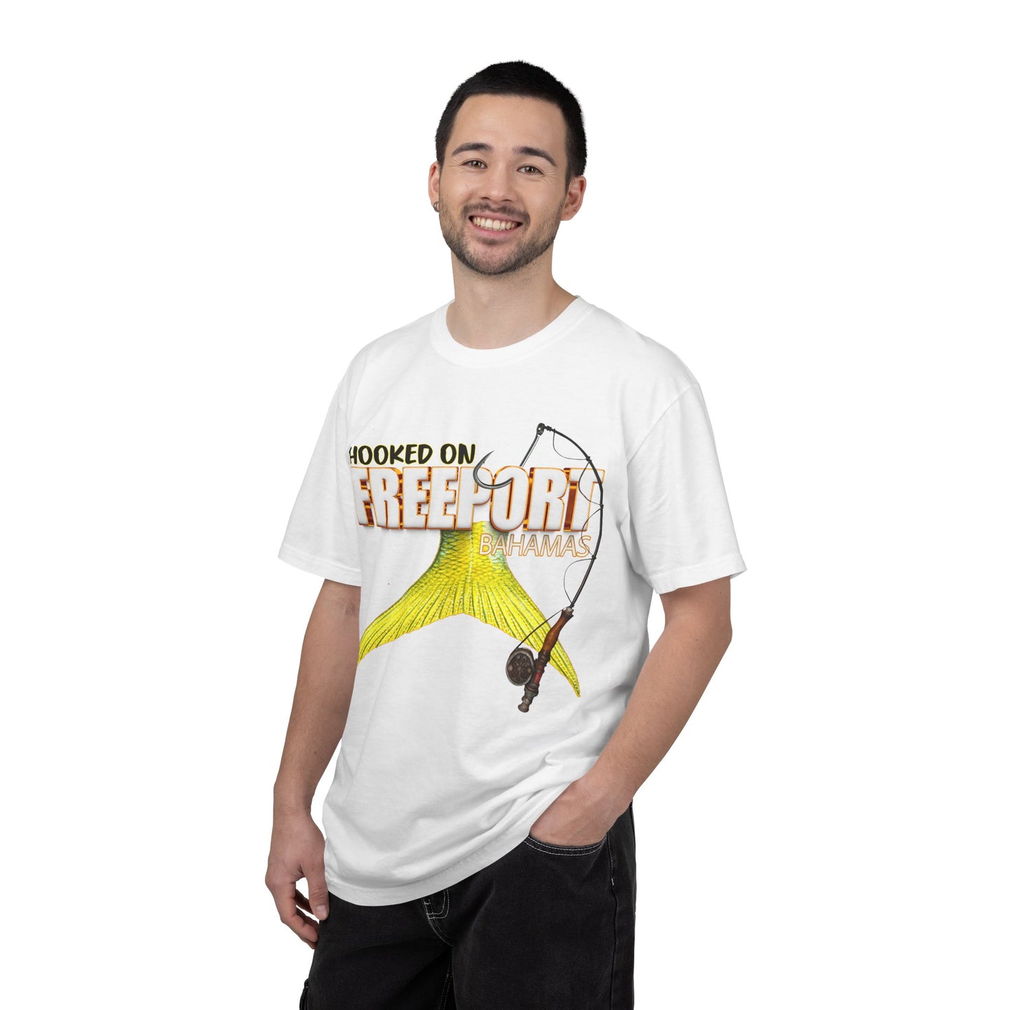 Hooked on Freeport Tail Fishing T-Shirt | Yellow Fish Tail, Fishing Rod Graphic