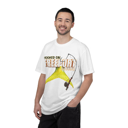 Hooked on Freeport Tail Fishing T-Shirt | Yellow Fish Tail, Fishing Rod Graphic
