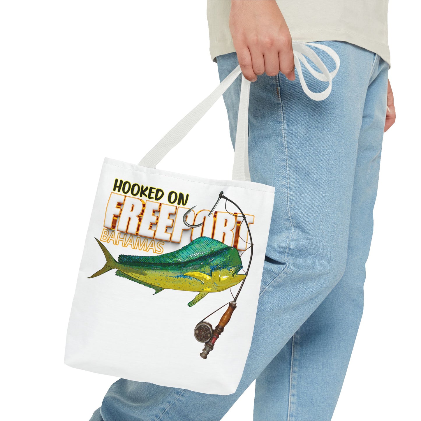 Mahi Mahi Fishing Tote — "Hooked on Free Spirit" All-Over Print Beach Tote